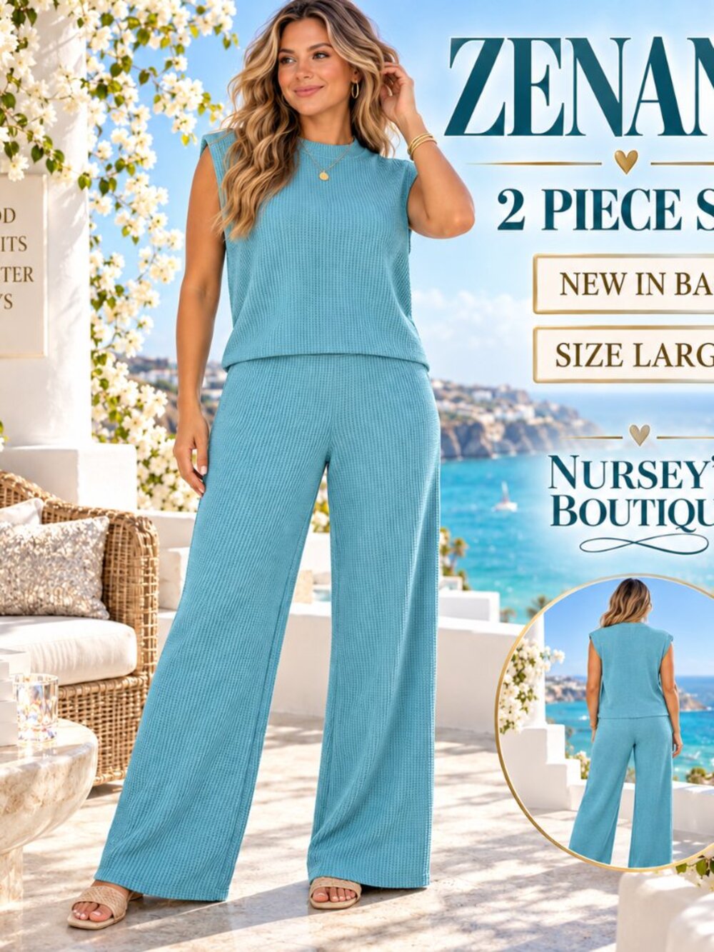 Zenana Blue Waffle Knit 2 Piece Set Mock Neck Top Wide Leg Pants L NIB